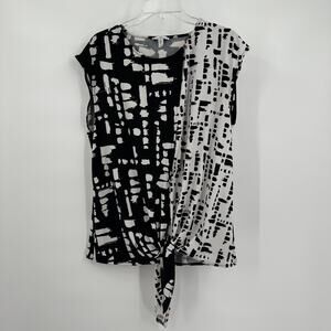 Halston Womens‎ Pullover Top Size M Tie Hem Black White Statement Bold Contrast
